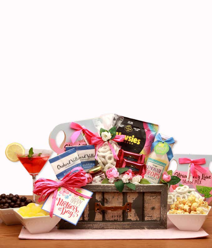 Image of a Summery Mother's Day Gift Box containing Raspberry Ghirardelli Squares, White Chocolate Pretzels, Chocolate Blueberries, Chocolate Popcorn, Lindt White Chocolate Ball, Wildflower Honey, Lemonade Candy Drops, Strawberry Lemonade Drink Mix, and p