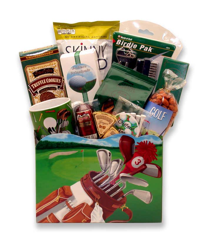 The image displays a golf-themed gift basket containing golf balls, tees, snacks, and other golf-related items, all neatly arranged in a colorful container. 