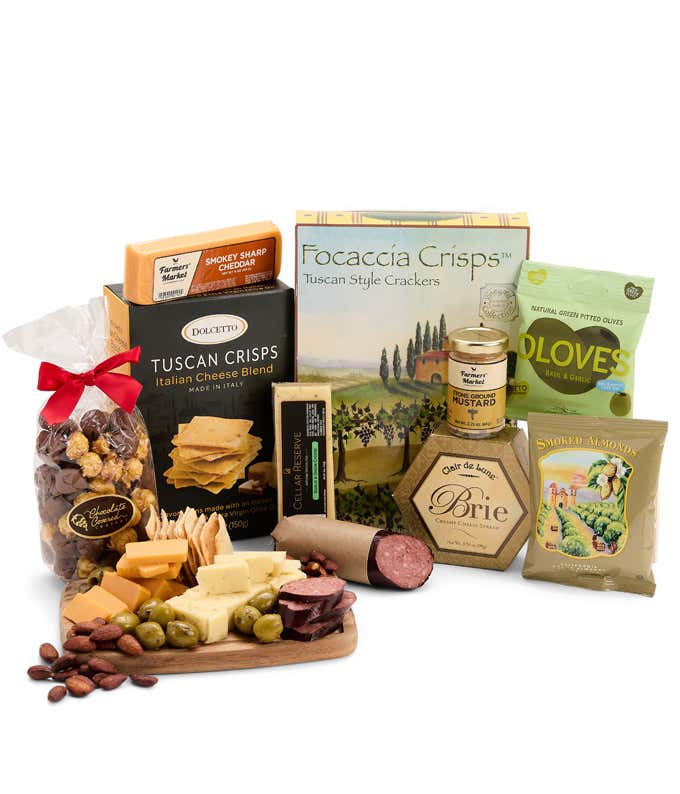 A gourmet charcuterie gift set featuring Tuscan crisps, focaccia crackers, smoked cheddar, garlic & onion cheese, brie spread, olives, mustard, almonds, chocolate-covered popcorn, and summer sausage.  Perfect for entertaining.