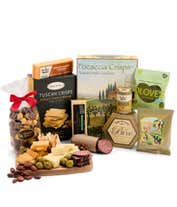 Alternative image 1 for A gourmet charcuterie gift set featuring Tuscan crisps, focaccia crackers, smoked cheddar, garlic & onion cheese, brie spread, olives, mustard, almonds, chocolate-covered popcorn, and summer sausage.  Perfect for entertaining.