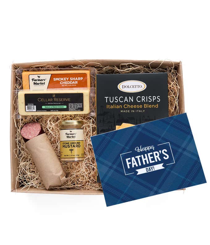 A snack gift box featuring 2 blocks of cheese - cheddar and Swiss, cracker crisps,  summer sausage, mustard, and finished with a 'Happy Father's Day,' A great choice for a thoughtful and tasty gift.