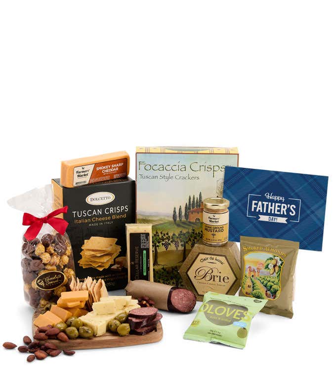 A gourmet gift with Tuscan crisps, focaccia crackers, brie, mustard, sausage, cheeses, olives, almonds, chocolate-covered treats, complete with a 'Happy Father's Day' card.