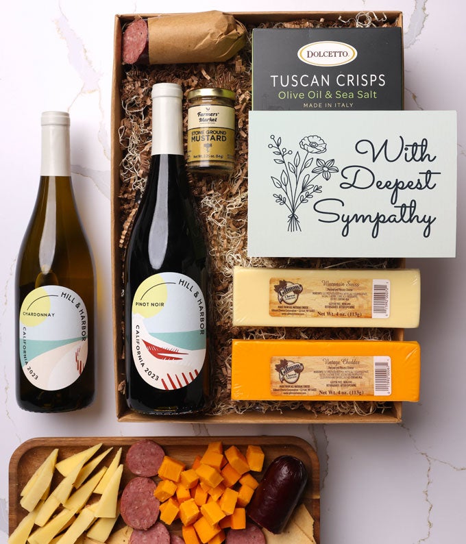 With Sympathy Cheese & Meat Gift Box with California Red & White Wine ...