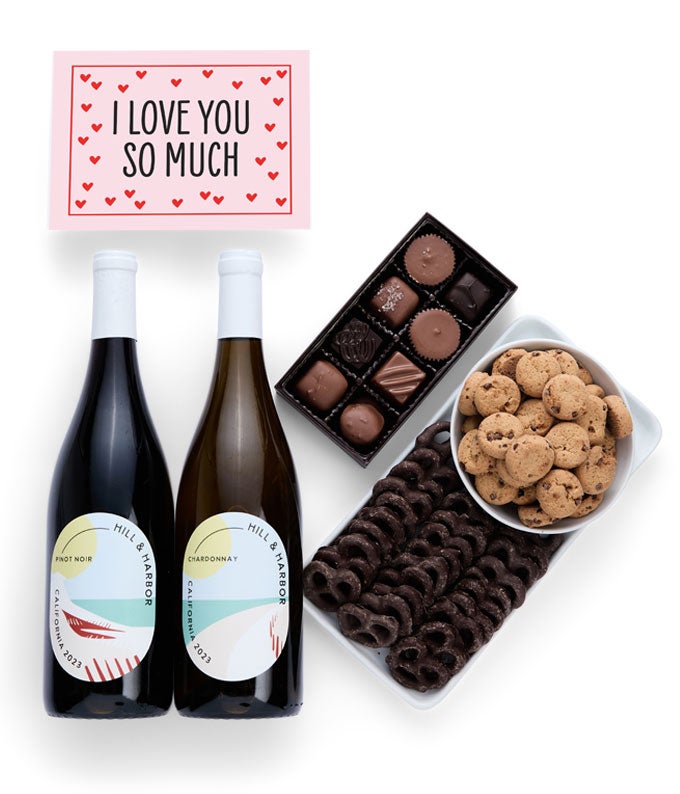 I Love You! Sweet Treats Chocolate Gift Box with California Red & White Wine