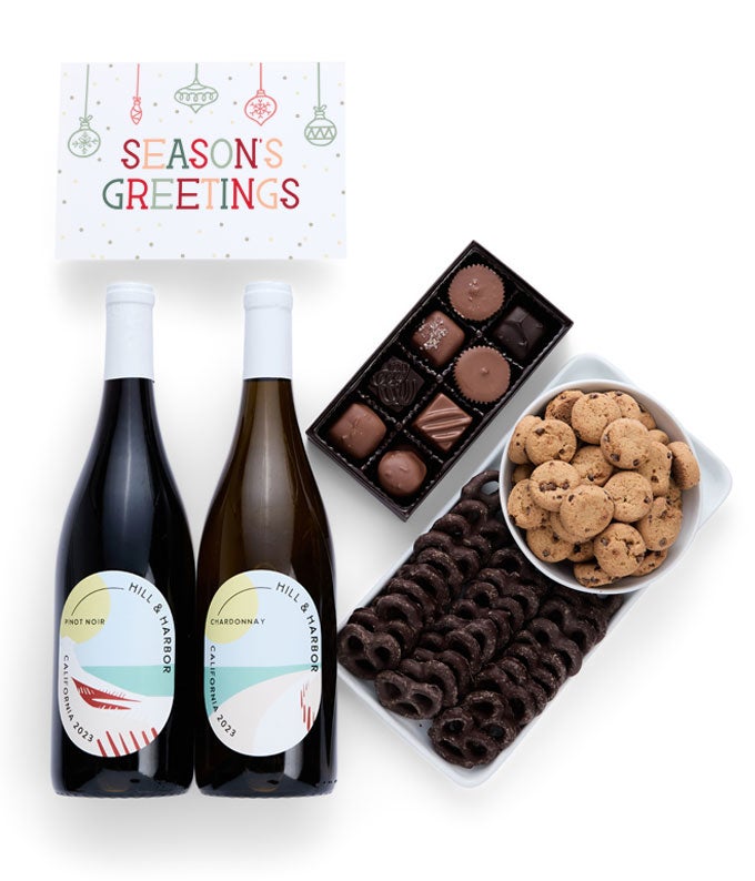 Season's Greetings Sweet Treats Chocolate Gift Box with California Red & White Wine