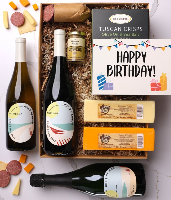 Happy Birthday! Cheese & Meat Gift Box with Red, White and Sparkling ...