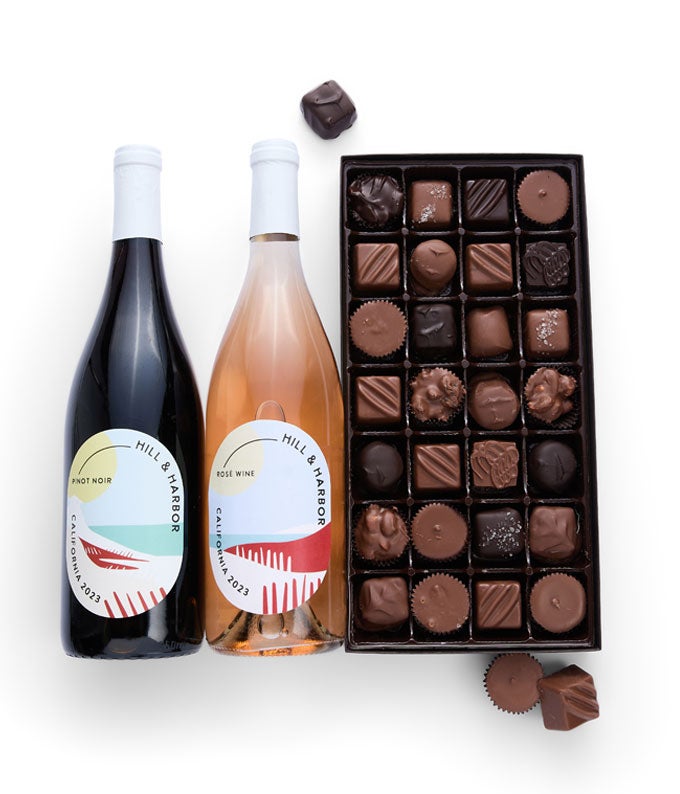 Gourmet Chocolates with California Red & Ros Wine