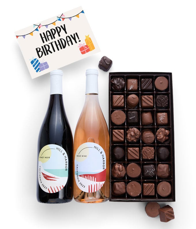 Happy Birthday! Gourmet Chocolates with California Red & Ros Wine