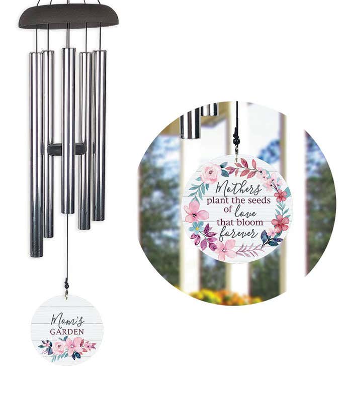 Wind chime with a sail that reads Mom's Garden on one side, and Mothers plant the seeds of love that bloom forever, on the other