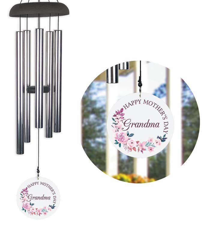Wind chime with a sail decorated with pink flowers, that reads Happy Mother's Day Grandma