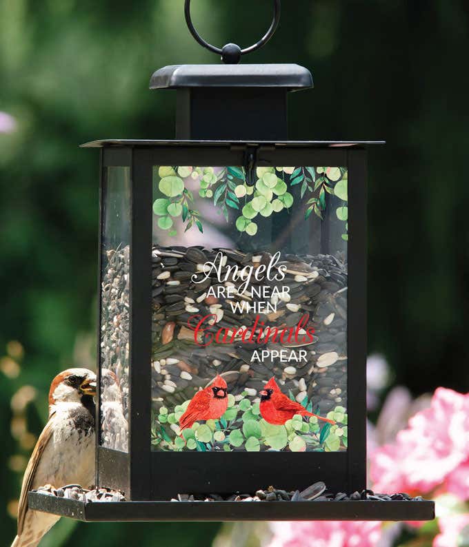 Bird feeder with the phrase Angels are Near When Cardinals Appear