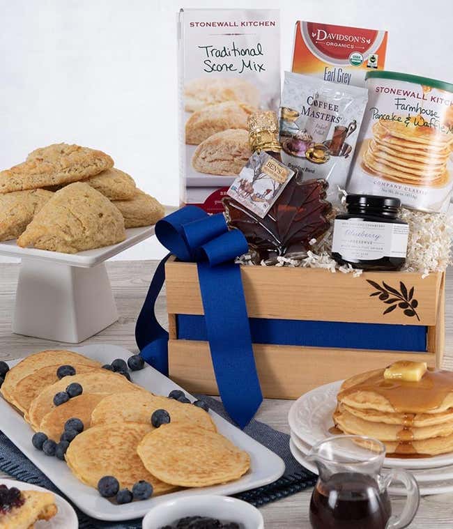 New England breakfast gift with pancake, syrup, scone mix and jam