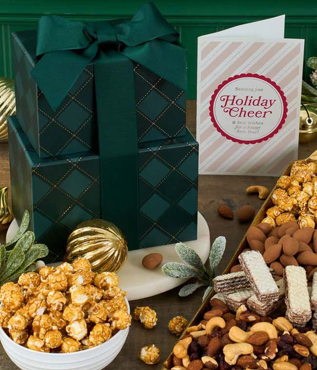 Blue &amp; White Gift Tower featuring Milk Chocolate Sea Salt Caramels, Caramel Popcorn, Peanut Butter Chocolate Chip Cookies, Salted Caramel Cookies.