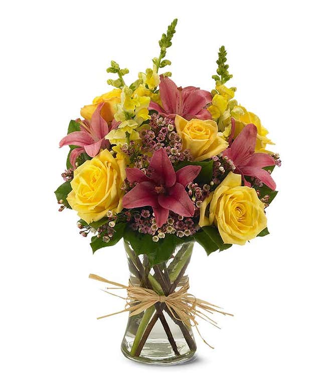 Pink Lilies, Yellow Snapdragons and yellow rose bouquet