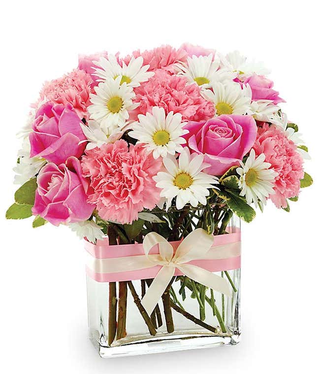 粉色和白色的花朵装在现代花瓶里。