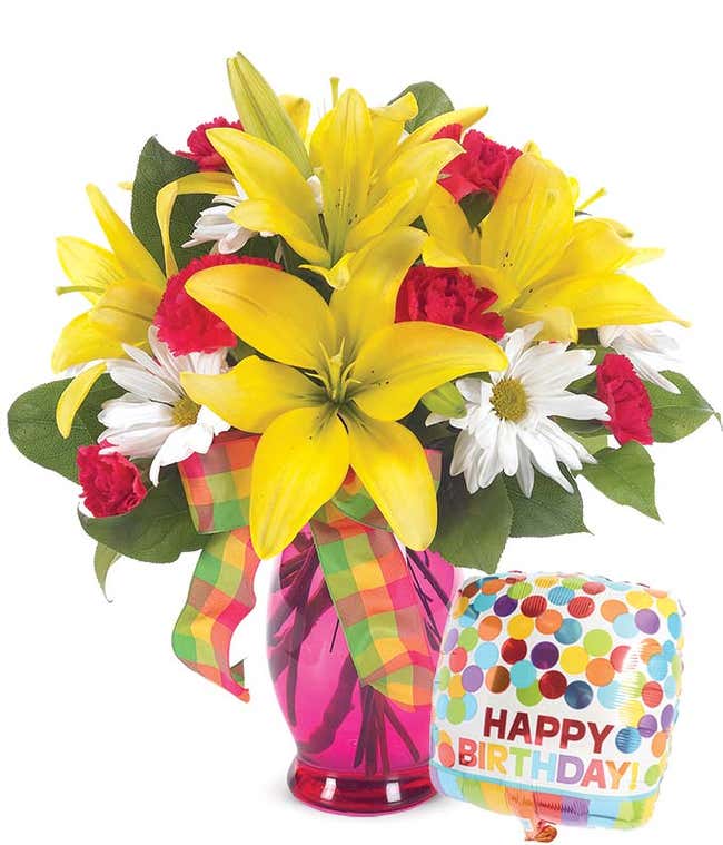 Birthday gift for wife with yellow lilies, red carnations and white daisies arranged with a birthday balloon