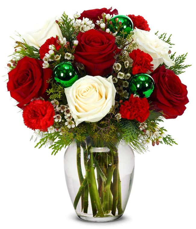 Christmas floral arrangement with red and white flowers