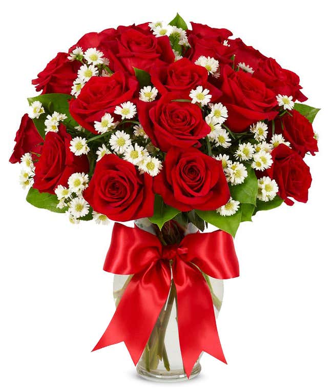 18 long stem red roses delivered in a vase