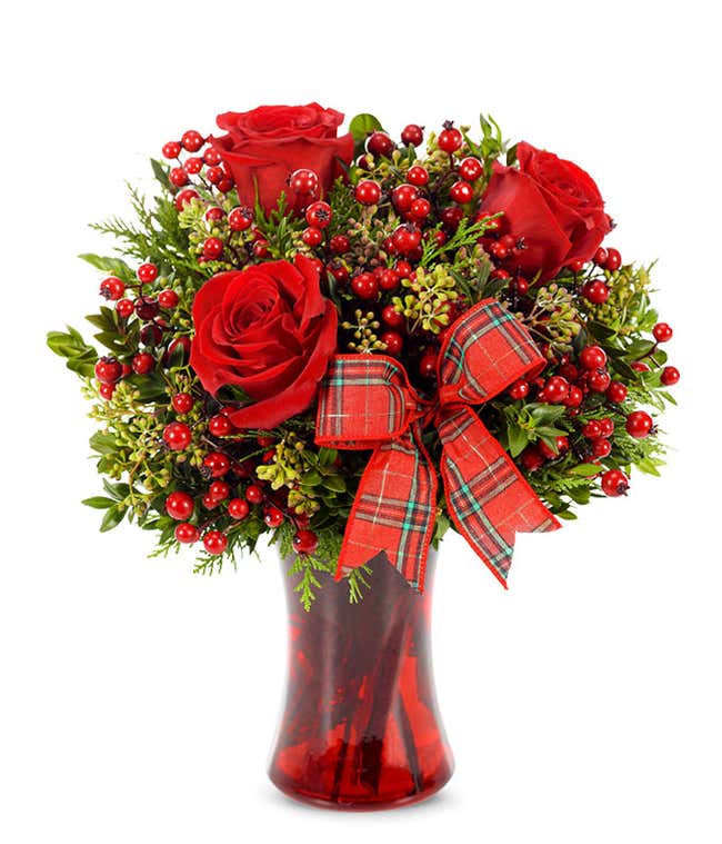 Red rose and hypericum Holiday bouquet
