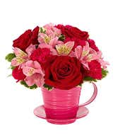 Tea Cup Red and Pink Flower Arrangement