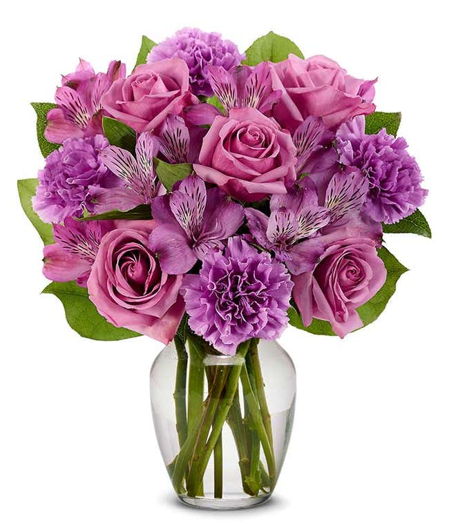 Purple roses with purple carnations and purple alstroemeria 