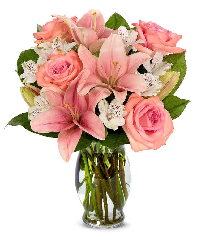 Pink roses, pink lilies and white alstroemeria