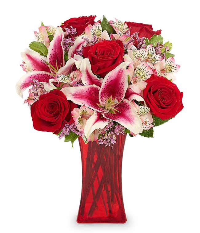 Romantic red rose and pink alstroemeria bouquet