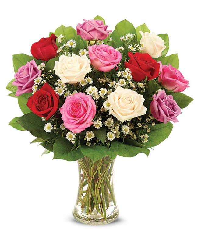 Romantic red roses, white roses and pink rose bouquet