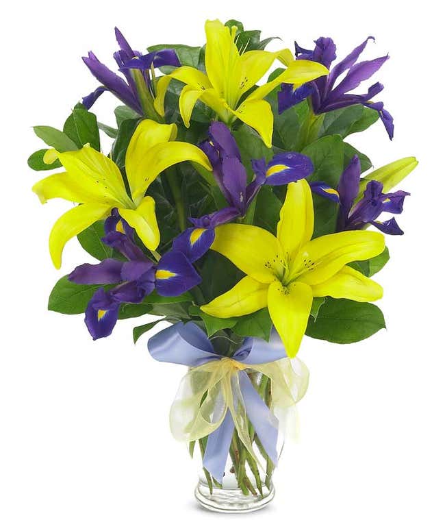 Blue Iris and Yellow lily bouquet