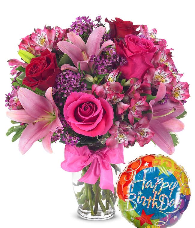 生日快乐的气球送上爱的花朵