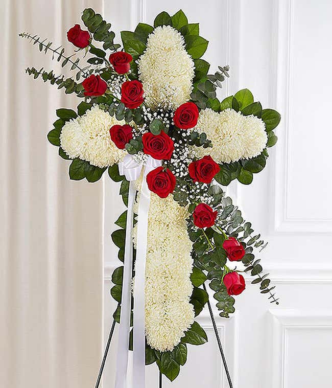 White mums &amp; red roses in cross standing spray