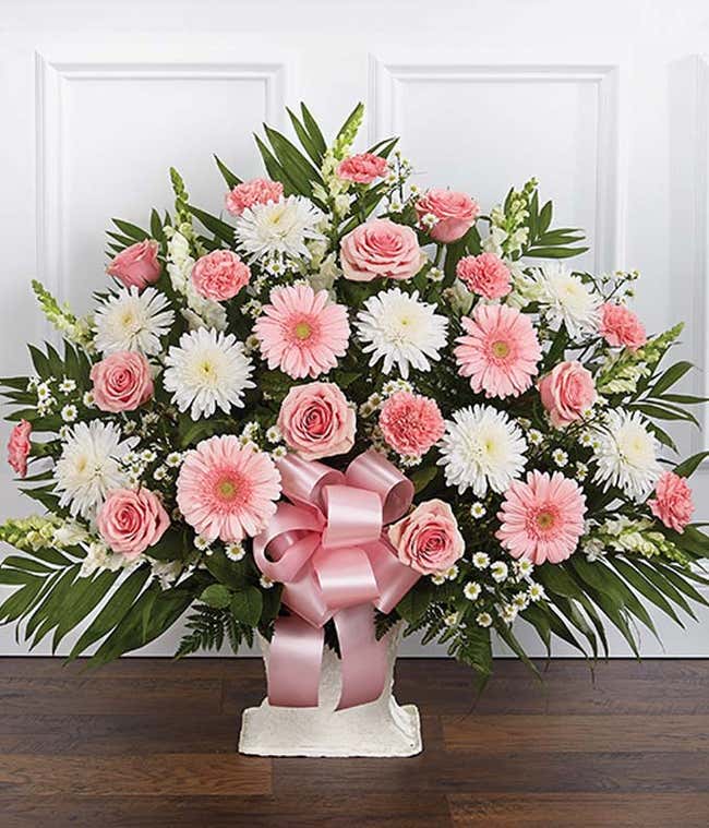 Pink &amp; white sympathy floor basket with pink roses and white flowers