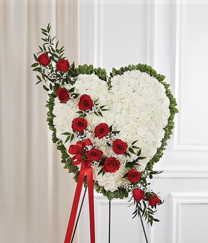 White Standing Heart With Red Roses
