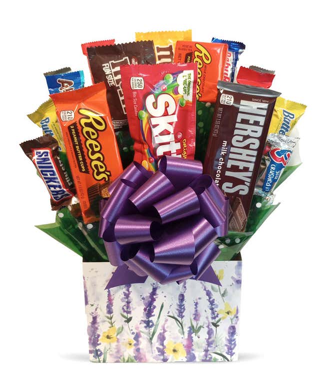 Candy bouquet with 13 fun-size candy bars, 3 full-size candy bars, purple decorative bow, and gift box with lavender watercolor design.