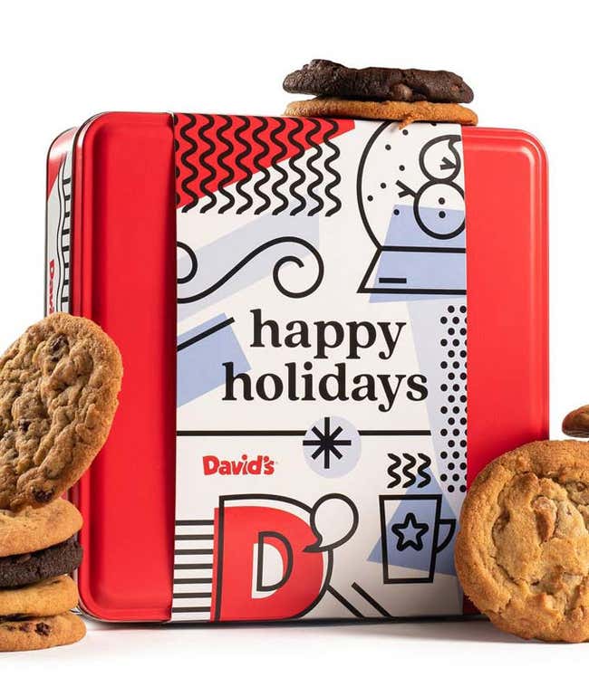 Assorted Cookies in a Happy Holidays Tin.