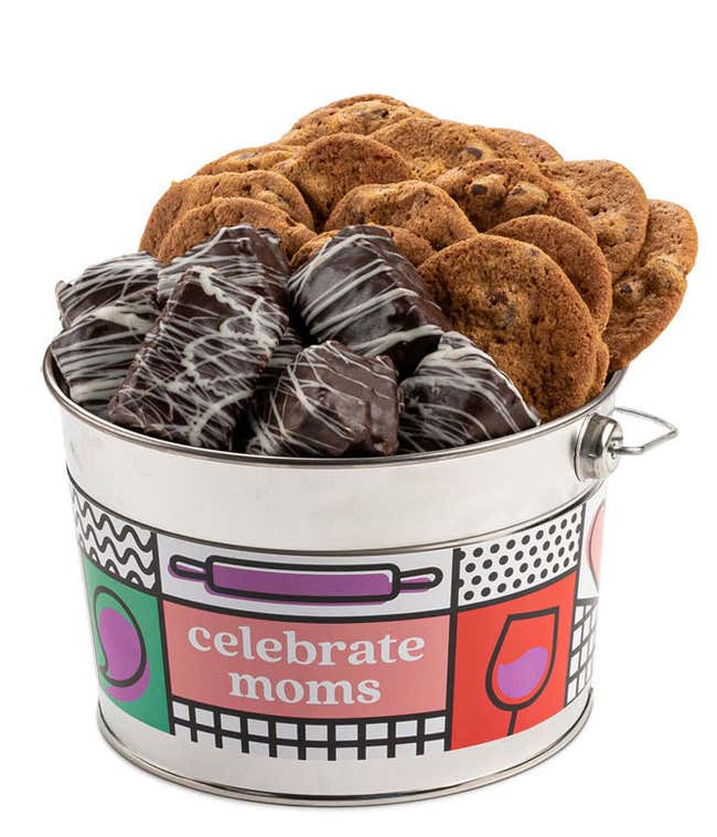 A Mother's Day gift basket featuring 14 Thin &amp; Crispy Chocolate Chip Cookies, 8 Chocolate Covered Brownie Bites, a 