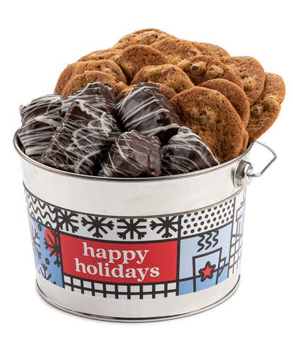 Happy Holidays Crispy Cookies & Chewy Brownie Bucket