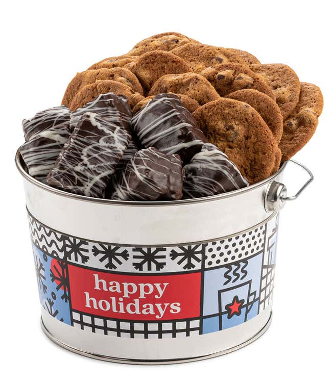  Festive 'Happy Holidays' tin bucket filled with an assortment of fourteen chocolate chip cookies and six chocolate-drizzled brownies. The tin features a cheerful holiday design, making it a perfect seasonal gift.