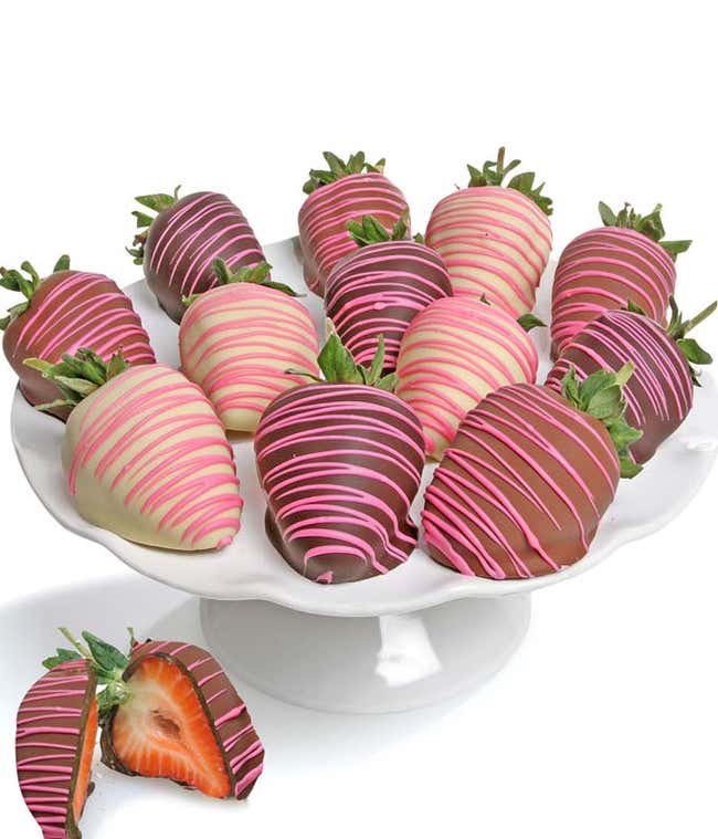 Pink Swizzled Chocolate Covered Strawberries- 6 Pieces