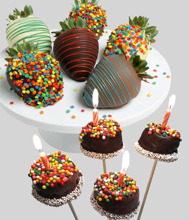 Birthday brownie pops with chocolate covered strawberries