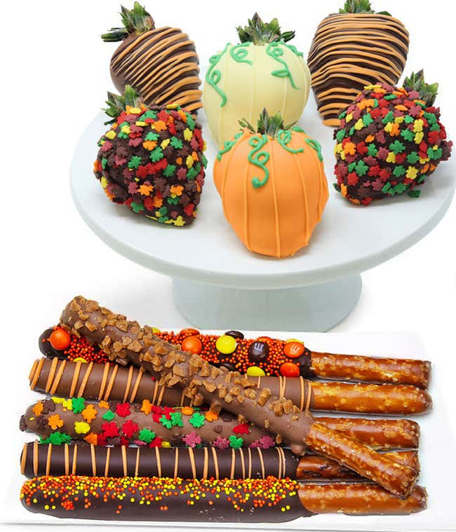 A delightful assortment featuring 6 Belgian chocolate-covered strawberries and 6 Belgian chocolate-covered pretzels, adorned with Thanksgiving-themed edible decorations, fall-themed sprinkles, and dark, white, and milk chocolate, all elegantly presented i