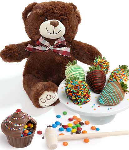 Celebration Belgian Chocolate Covered Strawberries, Mini Breakable Cupcake & Teddy Bear Trio