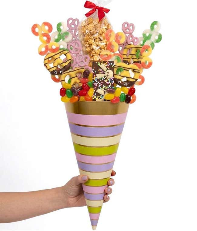 Cone Height 22in.. Candies and chocolates are packaged inside the cone for freshness.&nbsp; The bouquet-style display is for visual presentation only.