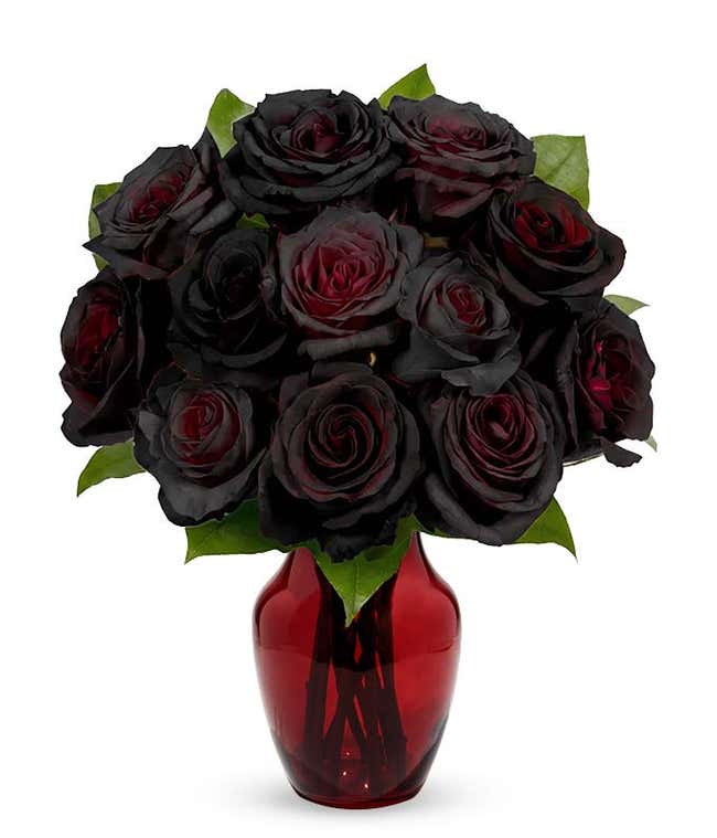 Bouquet featuring 12 black Roses, with optional vase and card message, securely packed in a box.
