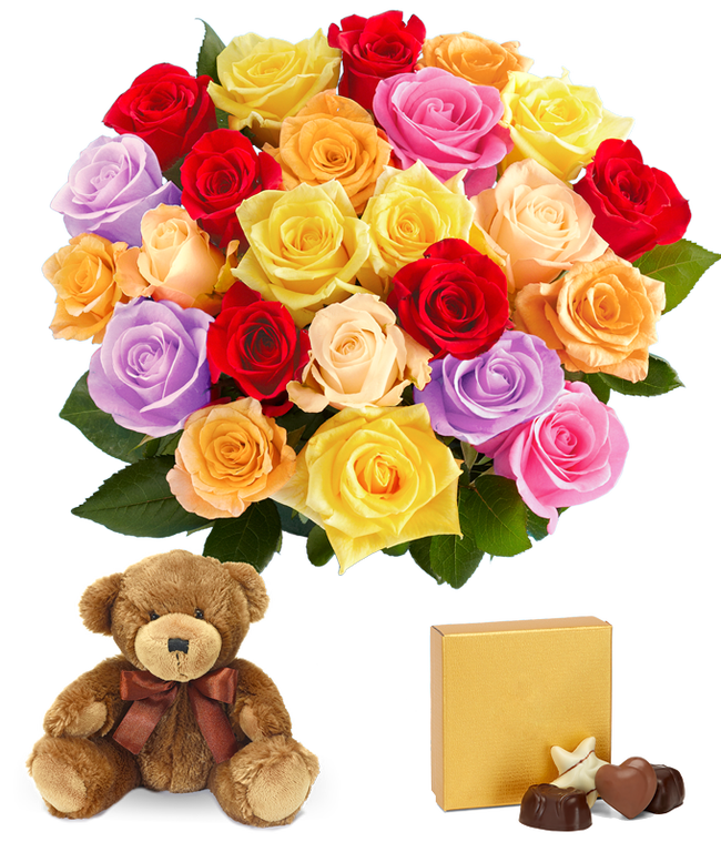 Partial image of I'm sorry gift set featuring two dozen vibrant rainbow roses, a cuddly teddy bear, and a box of chocolates, with optional glass vase and personalized message. A sincere gesture to seek forgiveness with warmth and sweetness. without vase