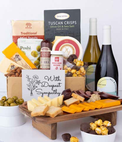 Deepest Sympathy Charcuterie, Cheese & California Wine Gourmet Gift Box - Red & White Wine