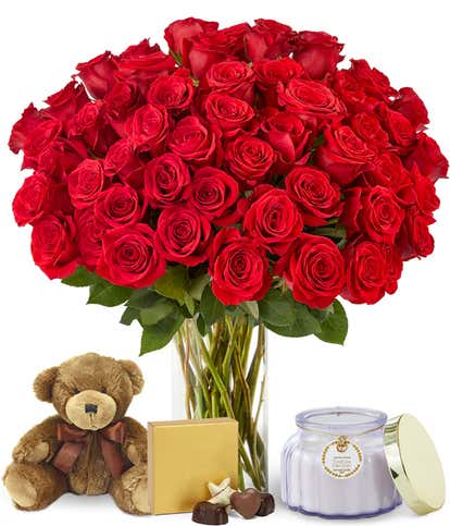 50 Long Stemmed Red Roses with Candle, Chocolates & Bear