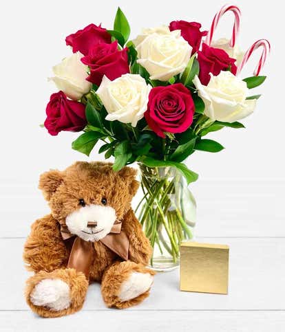 One Dozen Red & White Candy Cane Roses with Teddy Bear, Chocolates, & Vase