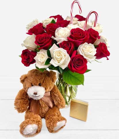 Two Dozen Red & White Candy Cane Roses with Teddy Bear, Chocolates, & Vase