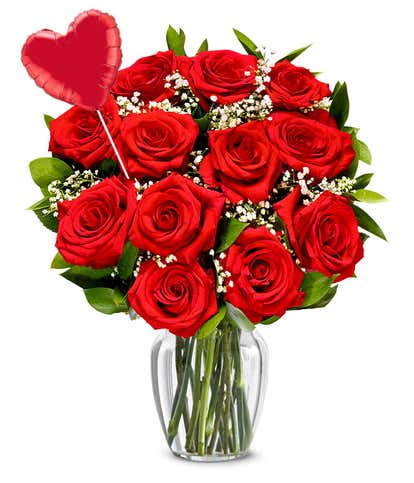 One Dozen Red Roses + Heart Balloon